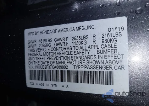 2019 Acura Tlx Standard from USA, damaged, VIN 19UUB2F37KA009902